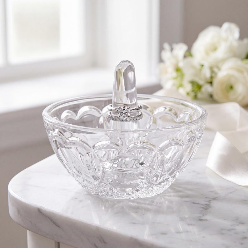 May include: A clear glass ring holder dish with a central cone, featuring an etched design of the letters B & R and the date 9.17.26. The bowl has a scalloped rim and a textured pattern, with a silver-toned ring resting on the central post.