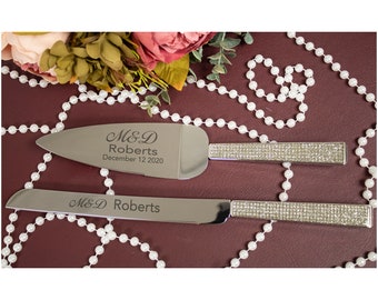 Glitter Galore Silver Personalized Wedding Cake Cutting Set, Custom Engraved Wedding Cake Knife and Server Set for Bride and Groom