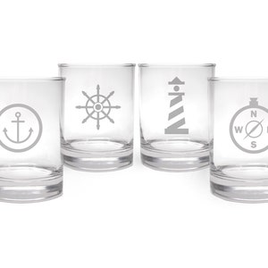 DOF Rocks Glasses Set of 4 with Nautical Designs / Bar Glassware / Drinkware Sets / 11oz Capacity