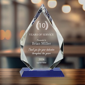 Personalized Diamond Crystal on Blue Pedestal Base Award, Custom Engraved Glass Award Plaque for Appreciation, Recognition, Retirement