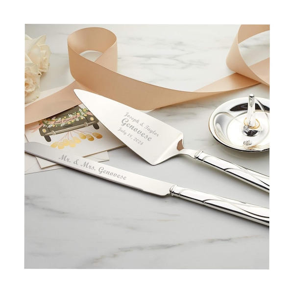 Lenox Bridal Adorn Silver Personalized Wedding Cake Knife and Server Set, Custom Engraved Wedding Cake Cutting Set for Bride and Groom