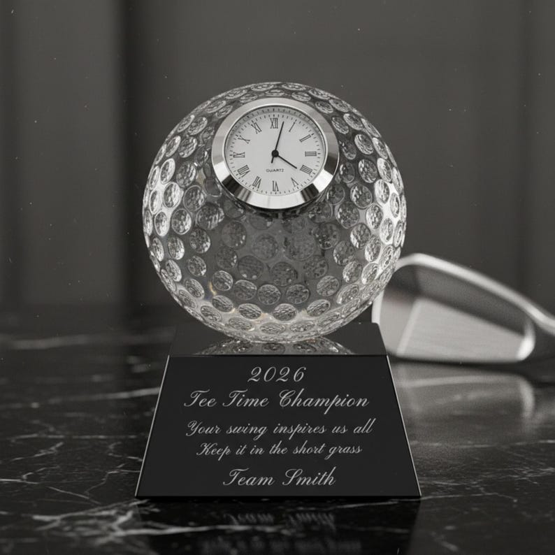 Ravanox Personalized 5" Clear Crystal Golf Ball Clock Award, Custom Engraved Glass Desk Clock for Golfers, Golf Trophy immagine 6