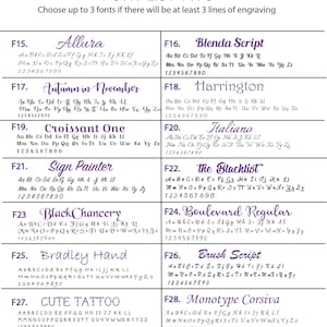 May include: A chart with a list of 8 different fonts, each with a sample of the font in purple text. The fonts are labeled with numbers and names, such as "Allura", "Blenda Script", "Autumn in November", "Harrington", "Croissant One", "Italiano", "Sign Painter", and "The Blacklist".