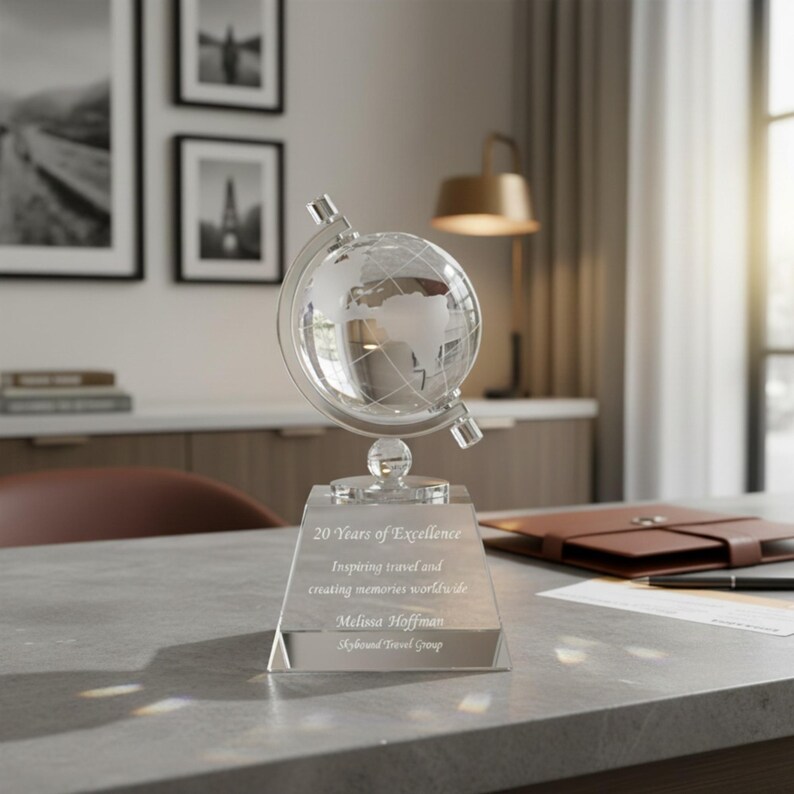 Personalized 6" Crystal Spinning Globe Award Statue, Custom Engraved Glass Award for Appreciation, Recognition, Retirement, World's Best imagen 4