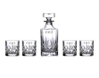 Marquis by Waterford Personalized Maxwell Decanter Set, Custom Engraved Cut Crystal Decanter and 4 Rocks Glasses for Whiskey, Scotch, Liquor