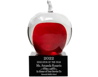 Ravanox Personalized 5.75" Red & Clear Glass Apple Teacher Award, Custom Engraved Teacher of the Year Award Statue for Schools, Retirement