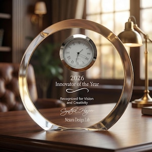 Ravanox Personalized 4 1/2" Round Crystal Clock Award, Custom Engraved Glass Clock for Employee Appreciation, Recognition, Retirement