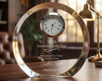 Ravanox Personalized 4 1/2" Round Crystal Clock Award, Custom Engraved Glass Clock for Employee Appreciation, Recognition, Retirement