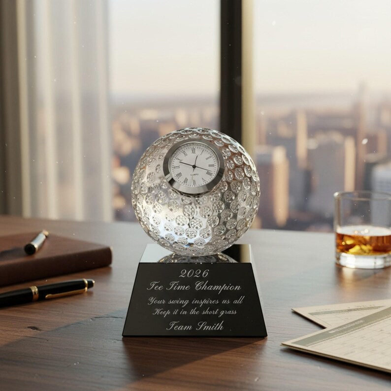 Ravanox Personalized 5" Clear Crystal Golf Ball Clock Award, Custom Engraved Glass Desk Clock for Golfers, Golf Trophy immagine 5