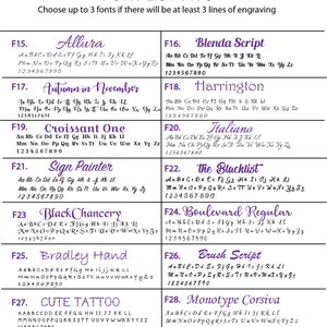 May include: A chart with a list of 8 different fonts, each with a sample of the font in purple text. The fonts are labeled with numbers and names, such as "Allura", "Blenda Script", "Autumn in November", "Harrington", "Croissant One", "Italiano", "Sign Painter", and "The Blacklist".