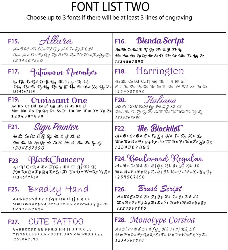 May include: A chart with a list of 8 different fonts, each with a sample of the font in purple text. The fonts are labeled with numbers and names, such as "Allura", "Blenda Script", "Autumn in November", "Harrington", "Croissant One", "Italiano", "Sign Painter", and "The Blacklist".