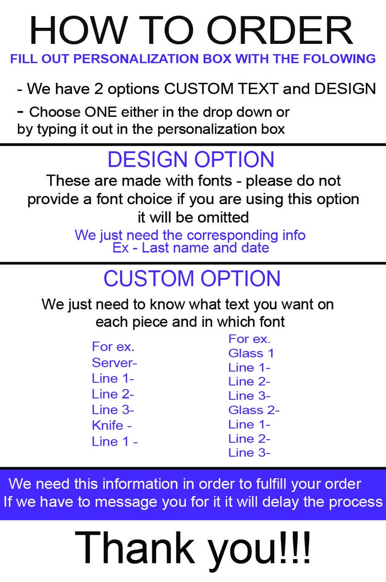 Puede incluir: Instrucciones para pedir un art&iacute;culo personalizado. Elija entre una opci&oacute;n de texto personalizado o una opci&oacute;n de dise&ntilde;o. La opci&oacute;n de dise&ntilde;o utiliza fuentes y requiere un apellido y una fecha. La opci&oacute;n de texto personalizado requiere el texto que desea en cada pieza y la fuente que desea utilizar. Se proporcionan ejemplos para ambas opciones.