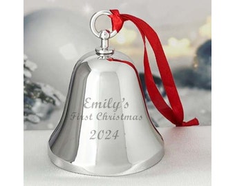 Ravanox Personlized Silver Bell Ornament, Custom Engraved 3.25" Silver Bell Christmas Ornament for Christmas Tree, Holiday 2024