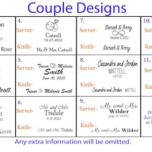 K&ouml;nnte beinhalten: Eine Tabelle mit 11 verschiedenen Designs f&uuml;r personalisierte Servier- und Messersets f&uuml;r Paare. Jedes Design zeigt die Namen eines Paares und das Hochzeitsdatum. Die Tabelle enth&auml;lt einen Hinweis, das Personalisierungsfeld mit dem gew&uuml;nschten Design, den Vornamen oder dem Nachnamen sowie dem Datum auszuf&uuml;llen.