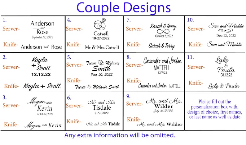 K&ouml;nnte beinhalten: Eine Tabelle mit 11 verschiedenen Designs f&uuml;r personalisierte Servier- und Messersets f&uuml;r Paare. Jedes Design zeigt die Namen eines Paares und das Hochzeitsdatum. Die Tabelle enth&auml;lt einen Hinweis, das Personalisierungsfeld mit dem gew&uuml;nschten Design, den Vornamen oder dem Nachnamen sowie dem Datum auszuf&uuml;llen.