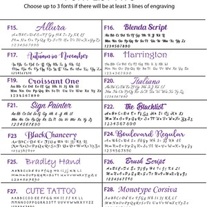 May include: A font list with 28 font options, each with a sample of the alphabet and numbers. The fonts are displayed in a grid format with a purple background and white text. The text "FONT LIST TWO" is at the top.