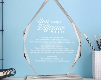 Ravanox 7" Diamond Crystal You Make a Difference Award, Custom Engraved Crystal Award Plaque for Employee Service Appreciation, Recognition