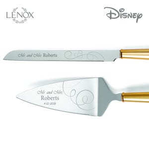 Lenox Personalized Disney Bridal Wedding Cake Knife and Server Set, Custom Engraved Silver/Gold Wedding Cake Cutting Set for Bride and Groom