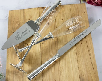 Lenox Devotion Personalized Wedding Cake Cutting Set Bundle / Includes Engraved Wedding Champagne Flutes with Cake Knife and Server Set