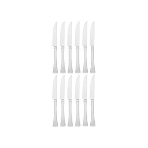 May include: Set of 12 stainless steel dinner knives with a silver finish. Each knife has a monogrammed handle.