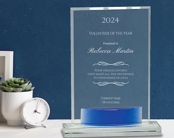 Ravanox Personalized 8.5" Rectangle with Blue Accent Glass Award, Custom Engraved Glass Award for Teachers Retirement Employee Appreciation