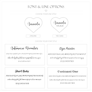 May include: Image showing font and line options. Features heart-shaped designs with the name "Amanda" and font style examples: Autumn in November, Sign Painter, Short Baby, and Croissant One. Includes alphabets and numbers.