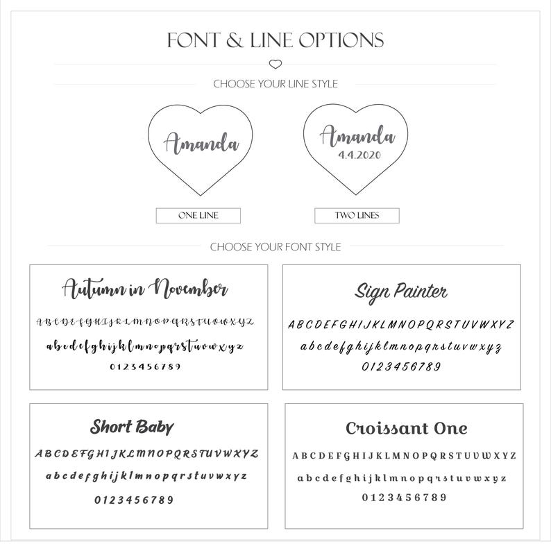 May include: Image showing font and line options. Features heart-shaped designs with the name "Amanda" and font style examples: Autumn in November, Sign Painter, Short Baby, and Croissant One. Includes alphabets and numbers.