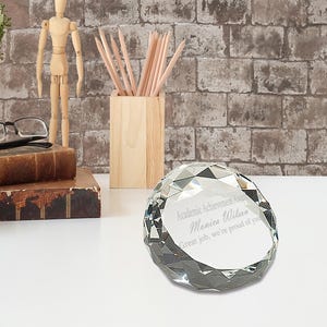 Personalized 3 1/2&quot; x 2&quot; Clear Round Crystal Facet Paperweight, Custom Engraved Glass Paper Weight for Employee Appreciation, Recognition
