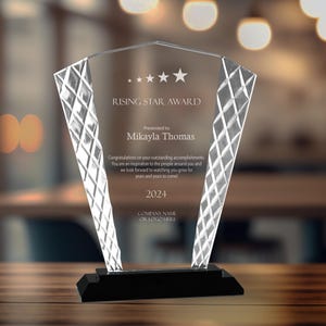 Personalized 8&quot; Clear Fan Accent Glass Award, Custom Engraved Glass Award Plaque for Employee Appreciation, Recognition, Retirement