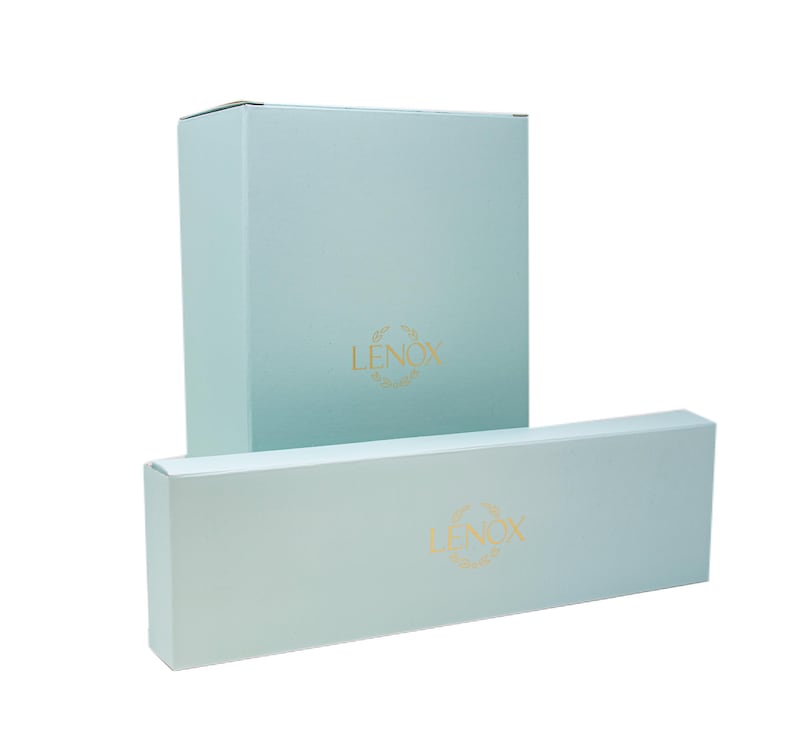 May include: Two light blue gift boxes with the word "LENOX" in gold lettering on each box.