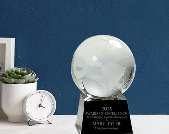 Ravanox Personalized 5 1/2" Crystal Globe on Black Base Award, Custom Engraved Glass Award Statue for Employee Appreciation, Recognition