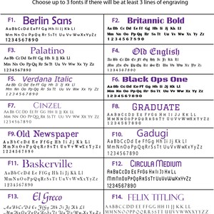 May include: A chart with a list of 14 different fonts, each with a sample of the font in uppercase letters and numbers. The fonts are labeled with a number and a name, such as "F1. Berlin Sans" and "F2. Britannic Bold".