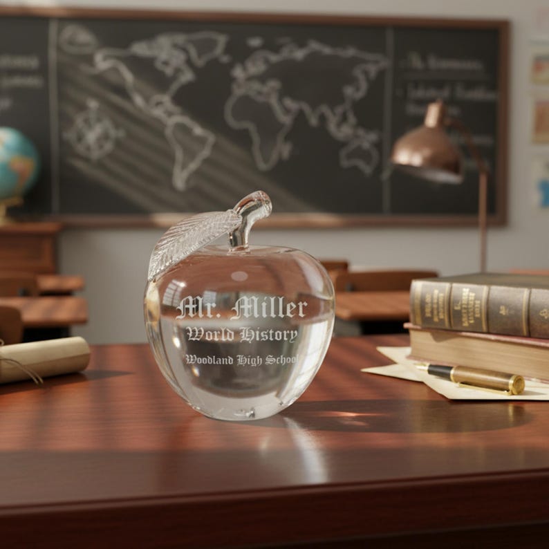 Puede incluir: Un pisapapeles transparente en forma de manzana con un tallo de hoja. El pisapapeles tiene grabado el texto "Mr. Miller World History Woodland High School" en la parte delantera. La manzana est&aacute; sobre un escritorio de madera en un aula.