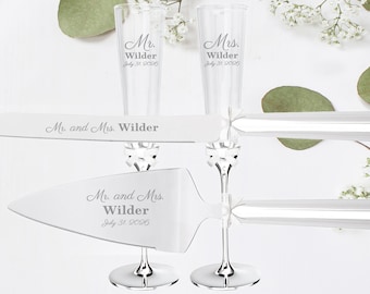Kate Spade Grace Ave Personalized Wedding Bundle with Engraved Wedding Cake Cutting Set and Wedding Champagne Flutes for Bride and Groom