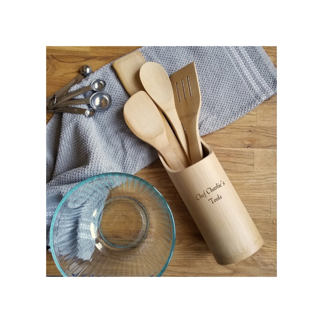 Lipper Personalized Bamboo Kitchen Utensil Set With Matching Holder