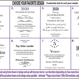 May include: A purple and white design template for a personalized award certificate. The template features eight different designs with customizable text and space for a logo. The text includes phrases like "Years of Service", "Volunteer of the Year", "Teacher of the Year", and "Salesman of the Year".