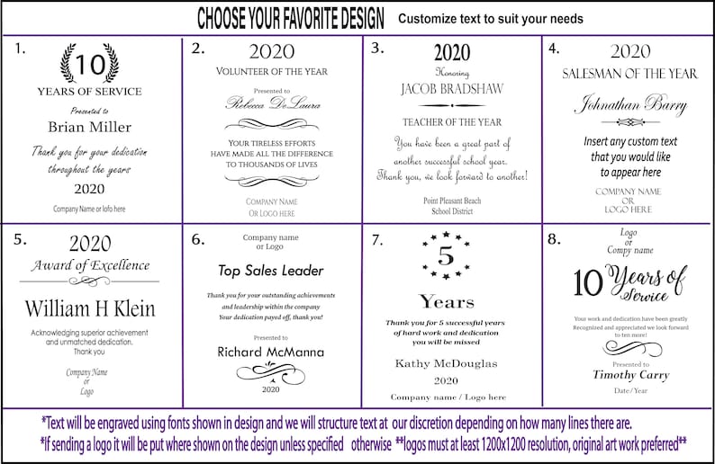 May include: A purple and white design template for a personalized award certificate. The template features eight different designs with customizable text and space for a logo. The text includes phrases like "Years of Service", "Volunteer of the Year", "Teacher of the Year", and "Salesman of the Year".