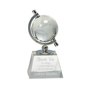Personalized 6&quot; Crystal Spinning Globe Award Statue, Custom Engraved Glass Award for Appreciation, Recognition, Retirement, World&#39;s Best