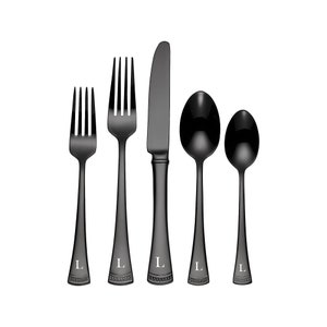 Lenox Monogrammed Portola Black 20-Piece Stainless Steel Silverware Set, Custom Engraved Flatware Set Includes Service for 4 with Initial