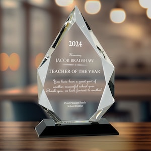 Personalized 9&quot; Diamond Glass on Black Base Award Plaque, Custom Engraved Crystal Award for Teachers, Retirement, Employee Appreciation