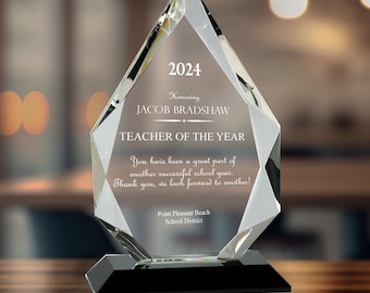 Personalized 9" Diamond Glass on Black Base Award Plaque, Custom Engraved Crystal Award for Teachers, Retirement, Employee Appreciation