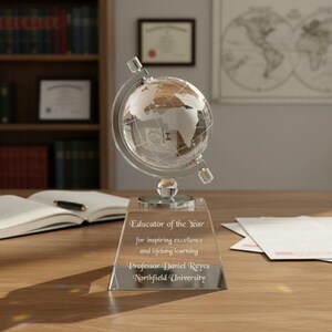 Personalized 6" Crystal Spinning Globe Award Statue, Custom Engraved Glass Award for Appreciation, Recognition, Retirement, World's Best imagen 5