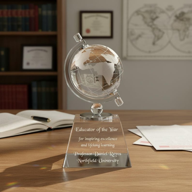 Personalized 6" Crystal Spinning Globe Award Statue, Custom Engraved Glass Award for Appreciation, Recognition, Retirement, World's Best imagen 5