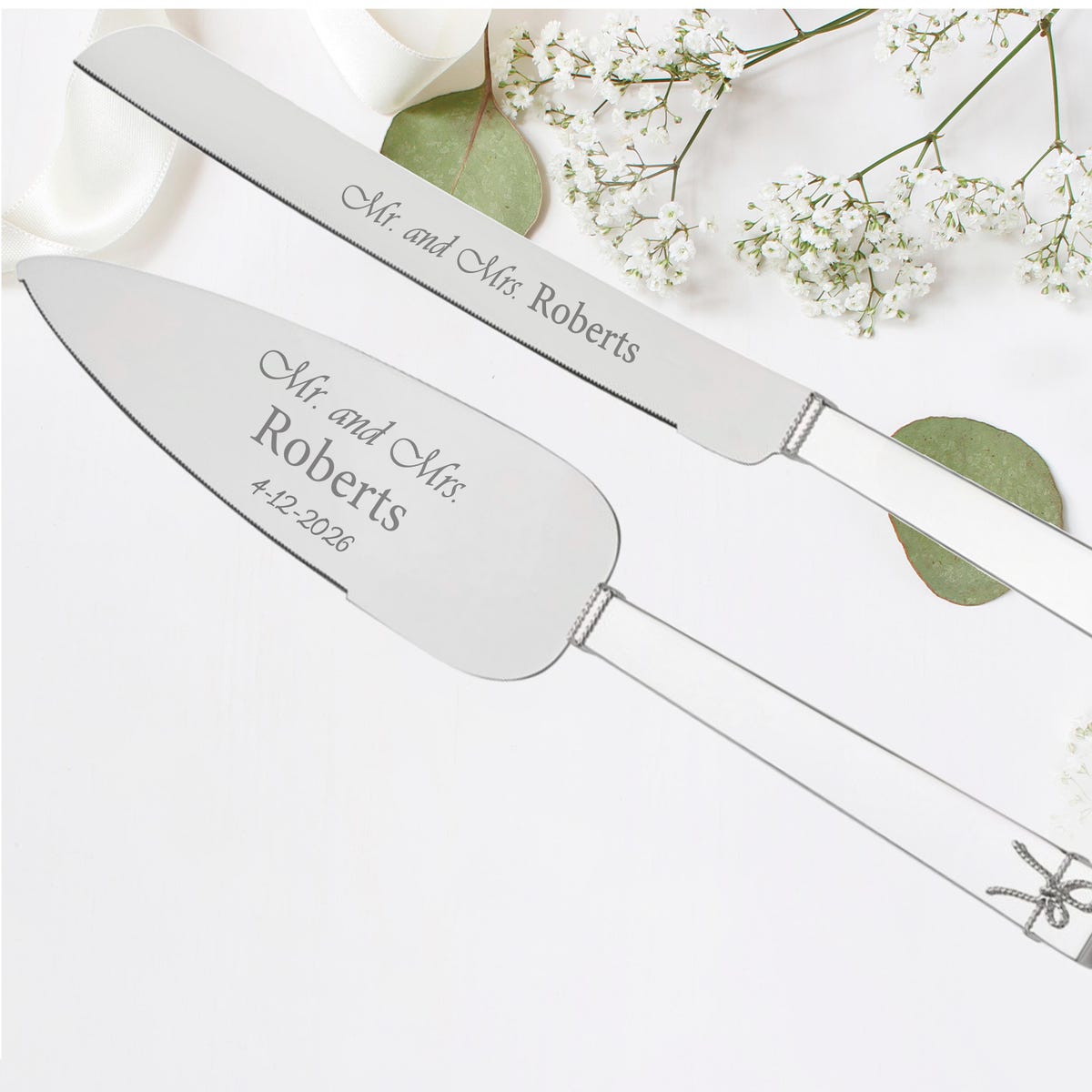 Personalized Silver Wedding Cake Cutting Set, Custom Engraved
