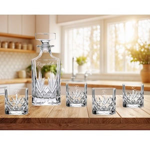 Marquis by Waterford Personalized Maxwell Decanter Set, Custom Engraved Cut Crystal Decanter and 4 Rocks Glasses for Whiskey, Scotch, Liquor