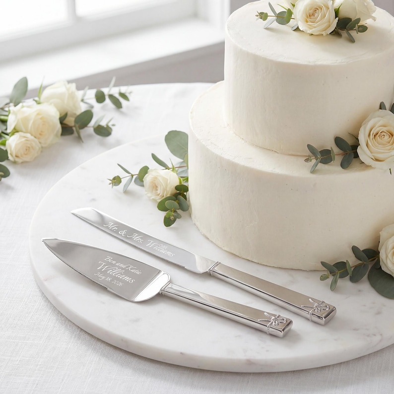 Vera Wang Personalized Love Knots Silver Wedding Cake Cutting Set, Custom Engraved Wedding Cake Knife and Server Set for Bride and Groom Bild 2