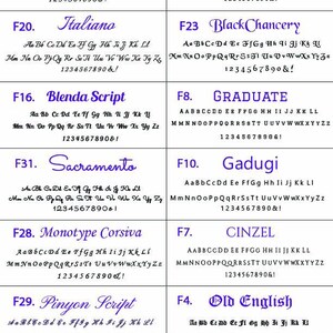 May include: A font options chart displaying twelve distinct styles labeled F15 Allura, F11 Baskerville, F20 Italiano, F23 BlackChancery, F16 Blenda Script, F8 Graduate, F31 Sacramento, F10 Gadugi, F28 Monotype Corsiva, F7 Cinzel, F29 Pinyon Script, F4 Old English, F21 Sign Painter, and F30 Arima Bold, each showing uppercase and lowercase letters, numbers 1-0, and an ampersand symbol.
