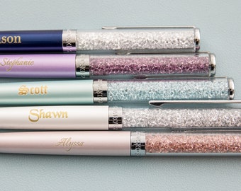 Swarovski Personalized Crystalline Ballpoint Pen, Custom Engraved Retractable Ball Point Pen with Swarovski Crystals in 5 Different Colors