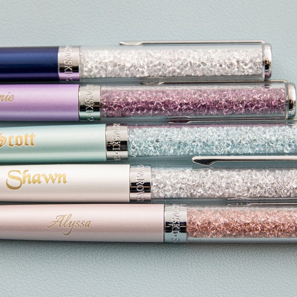 Swarovski Personalized Crystalline Ballpoint Pen, Custom Engraved Retractable Ball Point Pen with Swarovski Crystals in 5 Different Colors