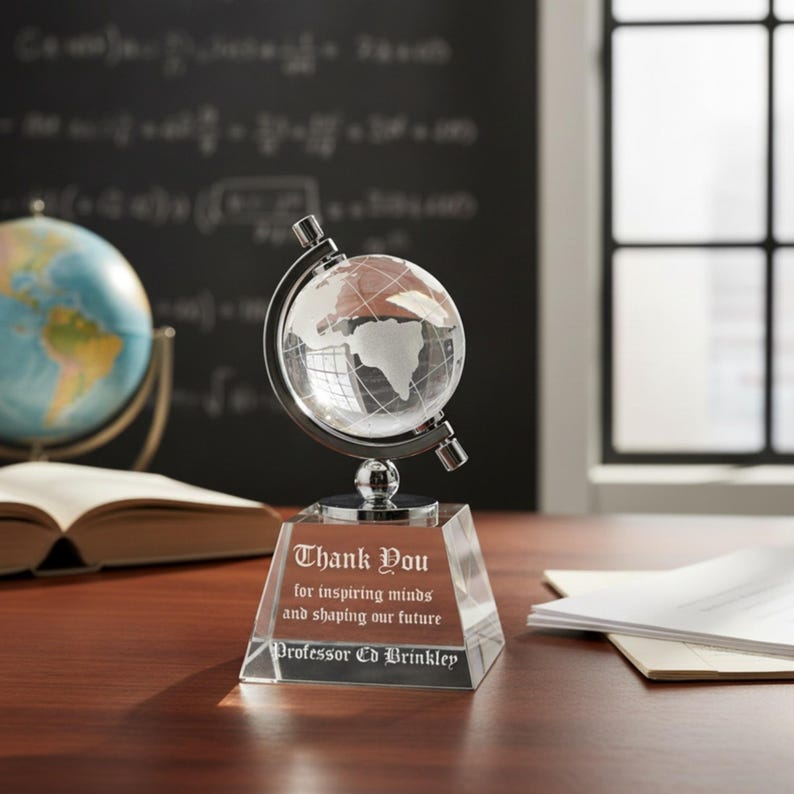 Personalized 6" Crystal Spinning Globe Award Statue, Custom Engraved Glass Award for Appreciation, Recognition, Retirement, World's Best imagen 1